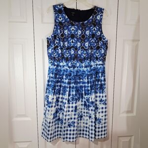 Talbots Petites Dress Cotton Blue White Floral Sleeveless Back Zippered Lined 16